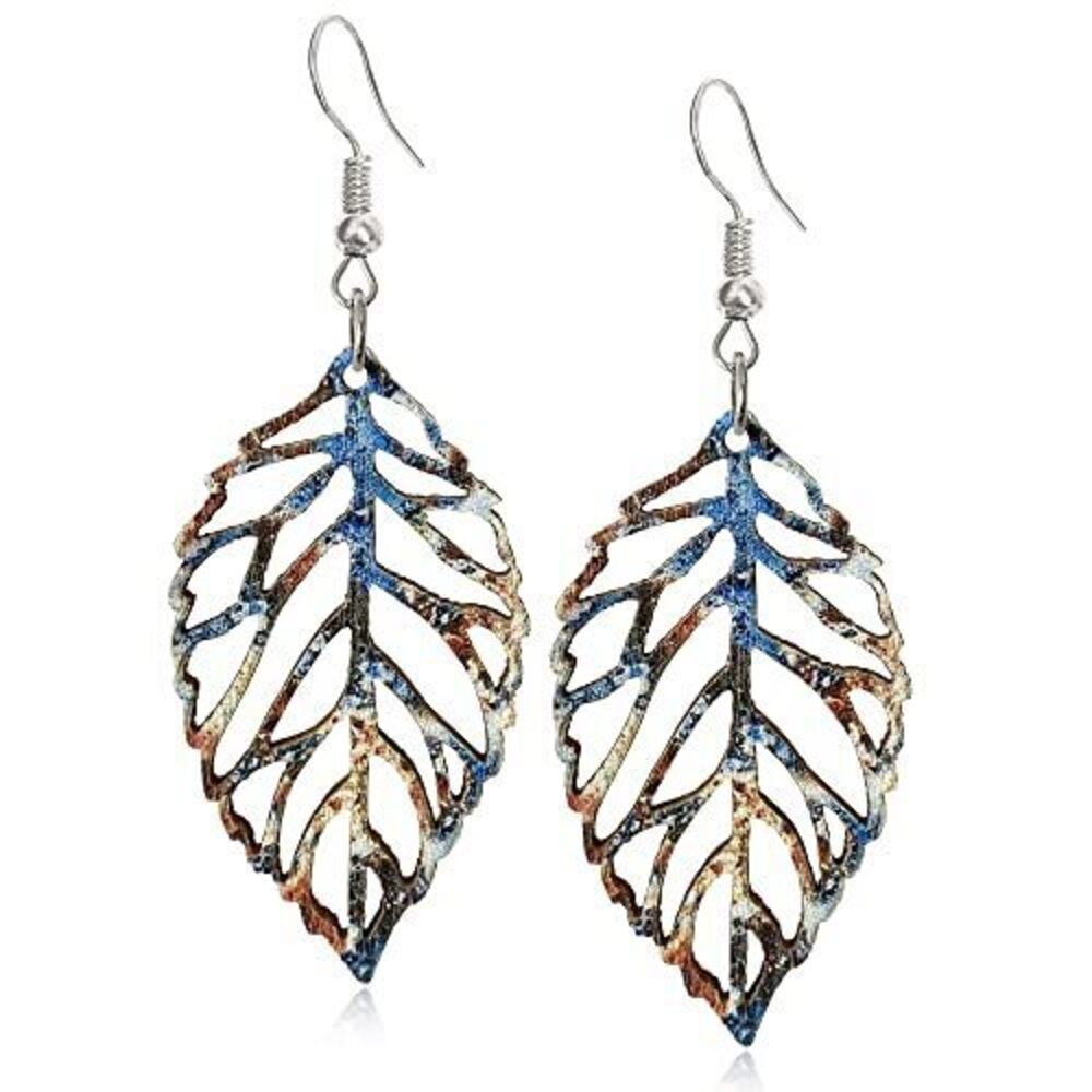 1481 Handmade Bohemian Colorful Nature Wooden Leaf Dangle Drop Earrings